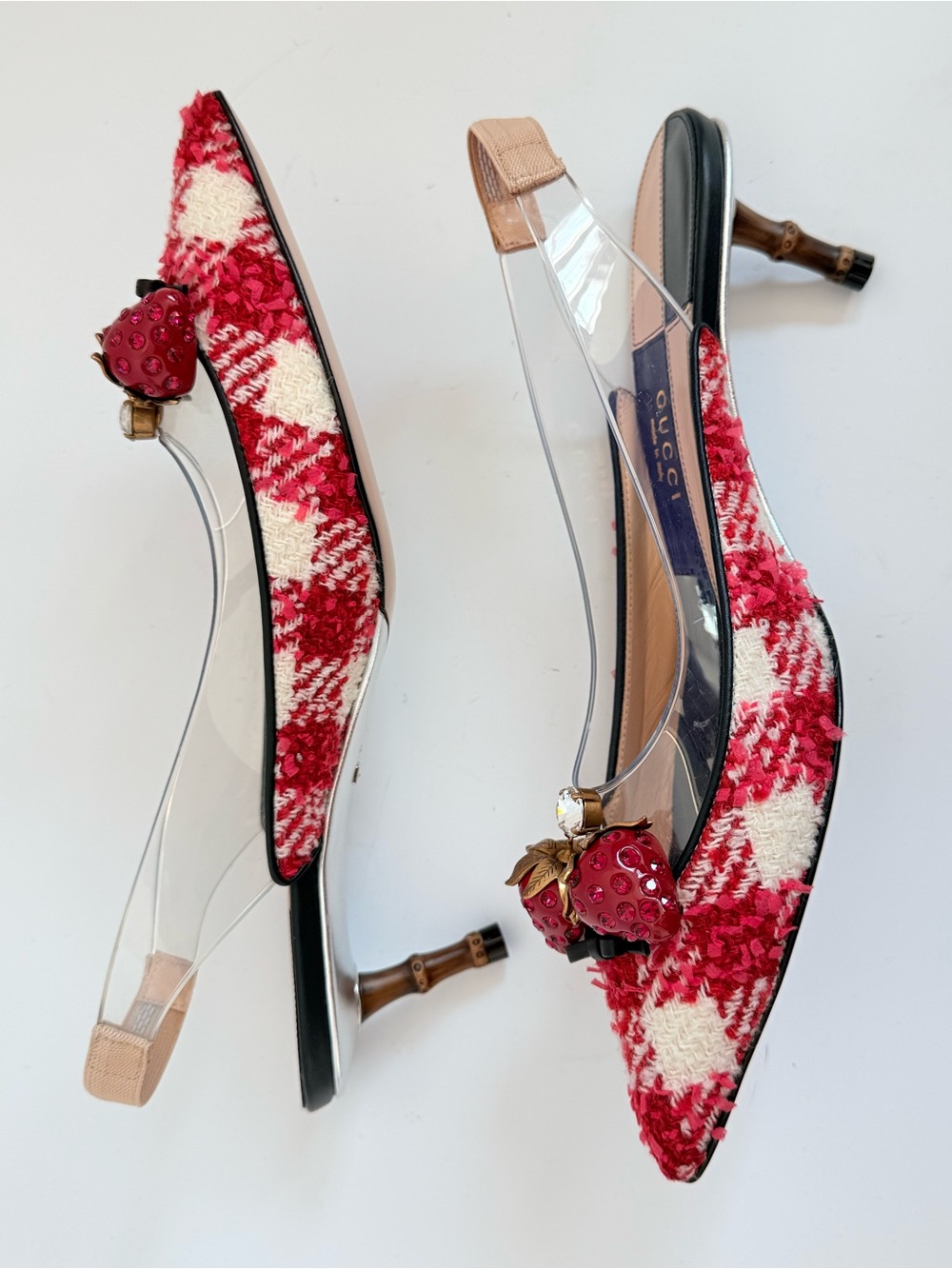 Gucci Eleanor Strawberry Tweed Crystal PVC Bamboo Slingback Pumps 39 - Picture 4 of 9